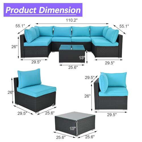 7 Piece Outdoor Sectional Patio Furniture Set with Coffee Table, Blue