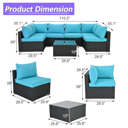 7 Piece Outdoor Sectional Patio Furniture Set with Coffee Table, Blue