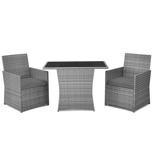 DORTALA Wicker Outdoor Bistro Set 3 Piece, Patio Furniture Set for Small Space with Table & Dining Chairs, Rattan Conversation Sofa Set for Balcony, Porch, Backyard, Deck, Grey