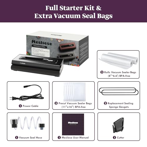 Mesliese Vacuum Sealer 90Kpa 6-in-1 Food Sealer 2 Bag Rolls & 5 Precut Bags