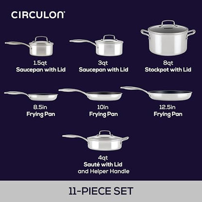 Circulon C1 Series Stainless Steel Nonstick Cookware Set - 11-Piece – Induction Pots & Pans Set with ScratchDefense, Metal Utensil Safe