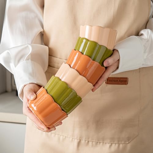 Krokori 6-Piece 6 Oz Scallop Ceramic Ramekins Set - Porcelain Baking Bowls with Elegant Scallop Rim for Creme Brulee, Souffle, Pudding, Ice Cream & Dipping, Oven-Safe, Durable & Space-Saving, Moss Green