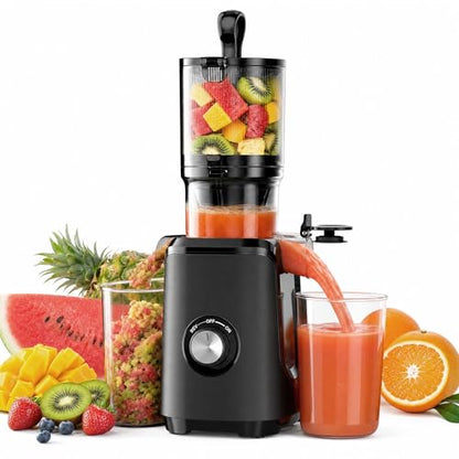KMFurnila Slow Masticating Juicer Machines, Cold Press Juicer with Safety Lock & Reverse Function, 4.25" Feed Chute for Whole Fruits & Vegetables, High Juice Yield, Black