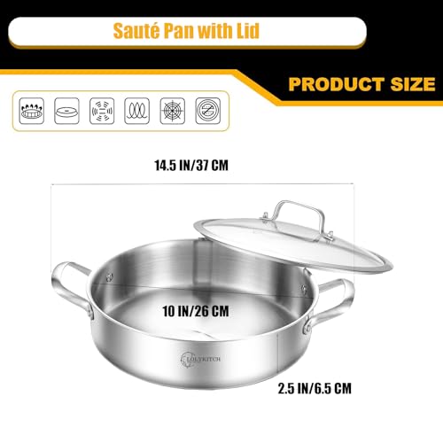 LOLYKITCH 3 Quarts Tri-Ply Stainless Steel Sauté Pan wih Lid,10 Inch Induction Cooking Pot,Dishwasher and Oven Safe,Dia.26 CM