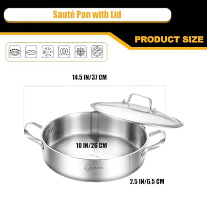 LOLYKITCH 3 Quarts Tri-Ply Stainless Steel Sauté Pan wih Lid,10 Inch Induction Cooking Pot,Dishwasher and Oven Safe,Dia.26 CM