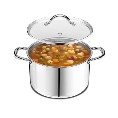 Stainless Steel Stockpot with Tempered Glass Lid 5 Quart, Durable 18/0 Stainless Steel, Impact-Bonded Base for Even Heating, Riveted Handles, Oven & All Stove Compatible, Safe Up To 500°F (260°C)