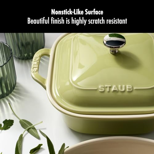 Staub Ceramic 4-pc Baking Pans Set, Casserole Dish with Lid, Brownie Pan, Light Green