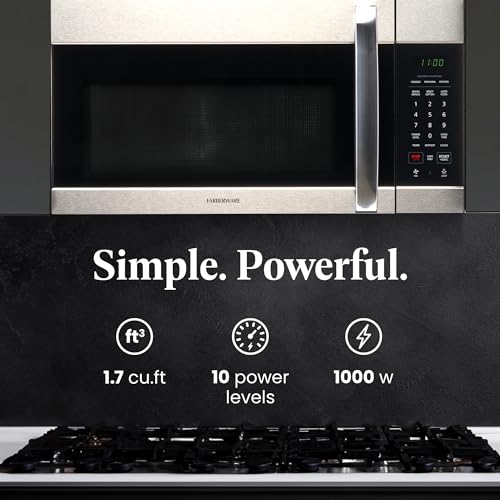 Farberware 1.7 Cu. Ft. Over-the-Range Microwave Oven – 1000 Watts Power, Auto Cook Settings, Defrost, Easy Clean and Child Safety Lock - Stainless