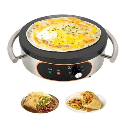 Treliamd Commercial Crepe Maker, Pancake Maker Machine, 16" Non-Stick 1500W Electric Crepe Machine Constant Temperature, Thickened Cast Iron Cooking Surface Pancakes Maker Griddle with Handle