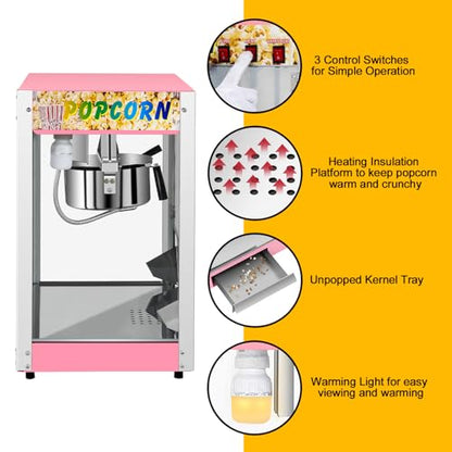 Commercial Popcorn Machine, 8 Oz Kettle, 850 W Countertop Popcorn Maker for 48 Cups per Batch, Popcorn Popper with 3-Switch Control Steel Frame Tempered Acrylic Doors