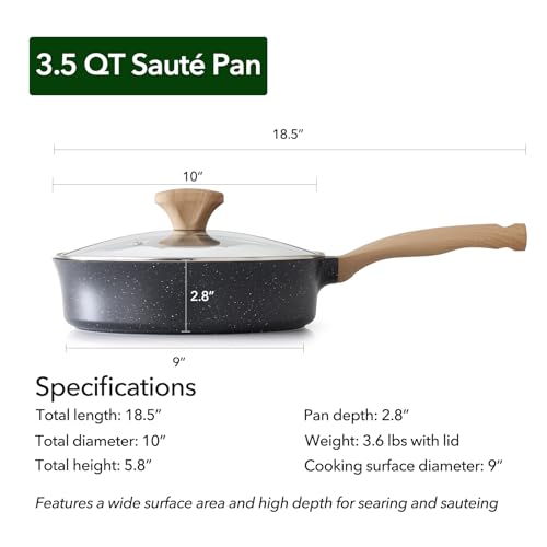 AnimoZest Nonstick Deep Frying Pan with Lid, 3.5 QT Swiss Granite Coating Sauté Pan, 10 Inch Healthy Non Stick Skillet Cooking Pan with Stay Cool Handles, PFOA Free, Induction Ready.
