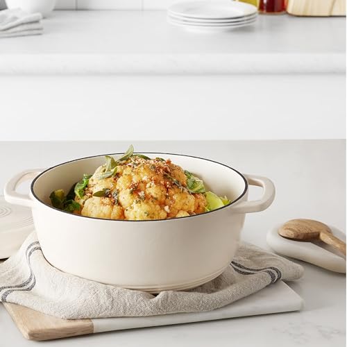 Amazon Basics Enameled Cast Iron Dutch Oven Pot with Lid, Oven Safe, Heavy-Duty, Dual Handles for Baking, Roasting, Stews, 4.3-Quart, White