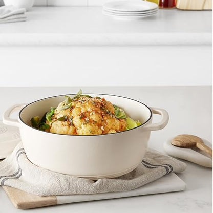 Amazon Basics Enameled Cast Iron Dutch Oven Pot with Lid, Oven Safe, Heavy-Duty, Dual Handles for Baking, Roasting, Stews, 4.3-Quart, White