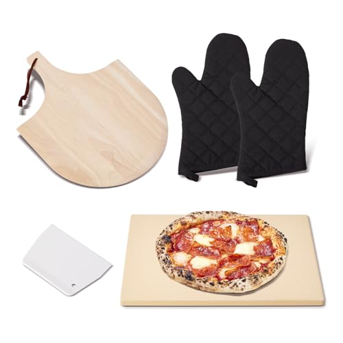ROCKSHEAT Pizza Stone Set, 15"x12" Rectangular Pizza Stone for Oven Grill BBQ with Wooden Pizza Peel & Oven Mitts, Cordierite Baking Stone for Bread, Unique Built-in 4 Handles Cooking Stone