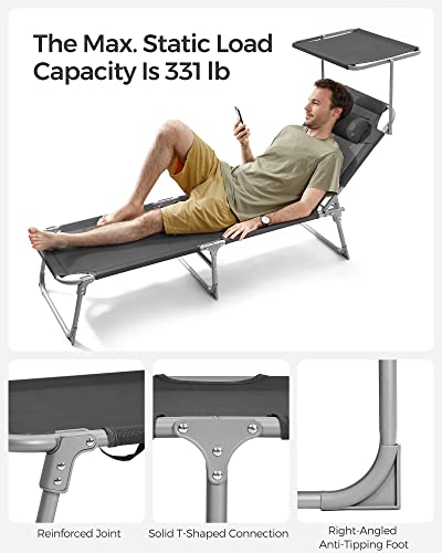 SONGMICS Sun Lounger, Patio Chaise Lounge Chair, Folding, with Canopy, 76 x 20.9 x 11.4 Inches, Holds 330 lb, Headrest, Adjustable Backrest, Outdoor Garden Pool, Dark Gray UGCB19UV1