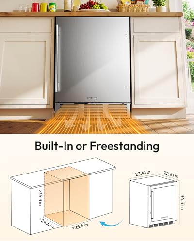 EUHOMY 24 Inch Beverage Refrigerator, Undercounter Beverage Fridge 180 Can with Stainless Steel Door for Home Patio, Beverage Cooler Built-in or Freestanding, outdoor refrigerator for Soda Beer Wine
