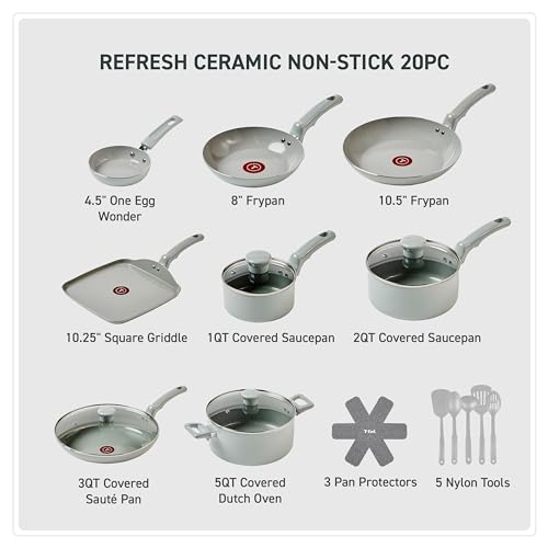 T-Fal Refresh Ceramic Pots and Pans Set, 20-Piece Nonstick Cookware Set, Stockpot, Griddle, Frying Pans, Utensils, Moon Grey