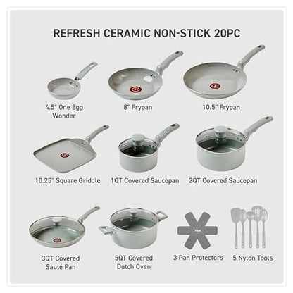 T-Fal Refresh Ceramic Pots and Pans Set, 20-Piece Nonstick Cookware Set, Stockpot, Griddle, Frying Pans, Utensils, Moon Grey