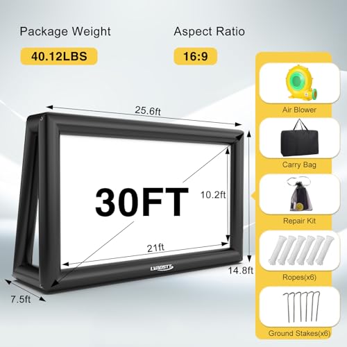 Inflatable Projector Screen, 30FT Blow Up Movie Screen Outdoor Projector, Easy Set Up One-Piece Design Front & Rear Projection with Air Blower for Outside Backyard Family Movie Night Pool Party
