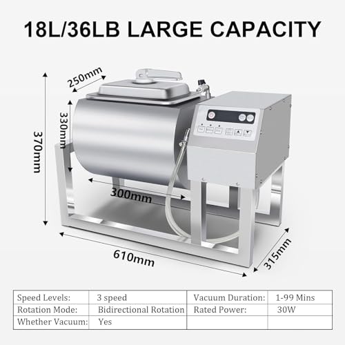 Meat Tumbler Marinator, 36lb/18L Vacuum Tumbler Marinating Machine Stainless Steel Vacuum Curing Machine for Chicken Steak Pork, Three-Speed Bidirectional Rotation Food Processing