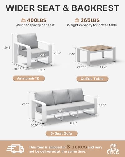 Oasbira Oversized Aluminum Outdoor Furniture Set, Extra Large Patio Furniture Sofa Set 4.8” Widened Armrest & Ultra-Thick Cushions, 4 Pcs Modern Patio Sectional for Backyard, Porch, White