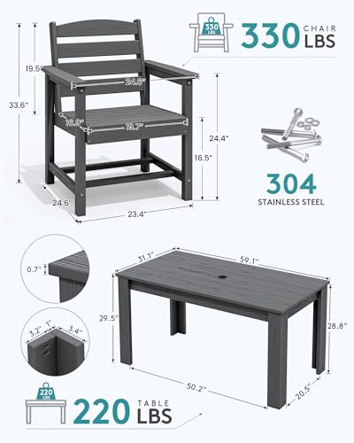 SERWALL Patio Dining Sets for 8, Outdoor Dining Sets for 8 Person with 2 Umbrella Hole Cut-Out Rectangular Tables and 8 Chairs, HDPE Dining Sets for Garden, Backyard, Poolside, Gray