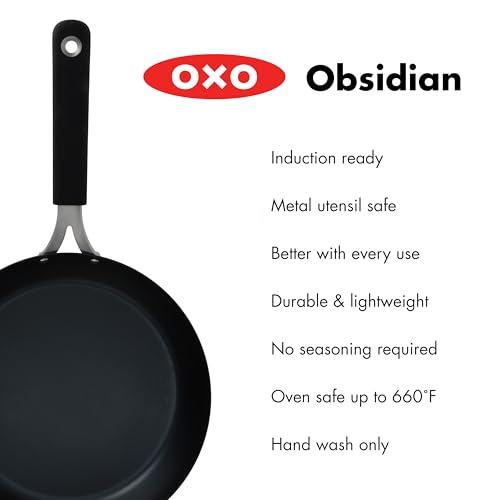 OXO Obsidian Pre-Seasoned Carbon Steel, 8" Frying Pan Skillet with Removable Silicone Handle Holder, Induction, Oven Safe, 1.8 Liters, Black