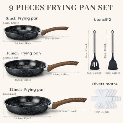 Colourcoco Frying Pans Skillet - 9 Pieces Nonstick Frying Pan Set Includes 3 Sizes (8"/ 10"/ 12"), PFOA Free, Induction & Oven Safe, Easy to Clean for Home Daily Cooking