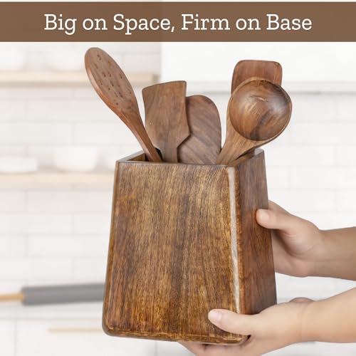 Mie Creations Rustic 7'' Large Utensil Holder Crock for Kitchen Countertop | Thanksgiving Christmas Utensils Crock, Wooden Square Spatula Organizer Caddy for Party, Cooking Counter Decor- Dark Brown