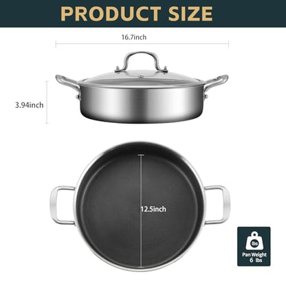 Tri-Ply Stainless Steel 7 Quarts Saute Pan, 12 Inch Nonstick Skillet with lids, Fast even Heat cookware, Hybird Large Frying Pan, 18/10 Chef's Cooking Pan, Induction Pan, Dishwasher and Oven Safe