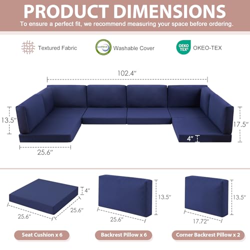 MuaMelop 14-Piece Patio Furniture Cushions Set, Replacement Outdoor Cushions for 6-Seat Patio Sectional, Waterproof & Fade Resistant Deep Seat Cushion for Outdoor Sofa, Navy Blue
