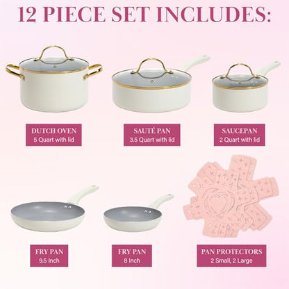 Paris Hilton Epic Nonstick Pots and Pans Set, Multi-layer Nonstick Coating, Tempered Glass Lids, Soft Touch, Stay Cool Handles, Made without PFOA, Dishwasher Safe Cookware Set, 12-Piece, Cream