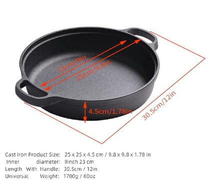 Cast Iron Skillet with 2 Handle, 9in/23cm Rounde Mini Flat Bottomed Frying Pan for fried steakBread, Baking,Pizza, Outdoor Cooking, Camping, Grill, Stovetop, Oven Safe Cookware (9inch 23 cm)