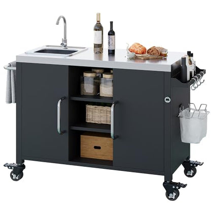 JIJIWANG 55.5" Black Kitchen Island with Sink, Metal Grill Cart Table with 304 Stainless Steel Sink, Outdoor Patio Bar Cart Sink Station with 4 Lockable Wheels for Pizza Prep L 55.5" x W 20" H 36.7"