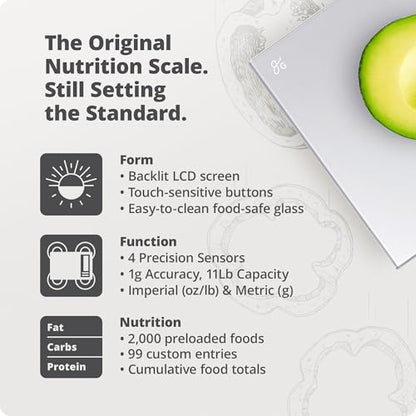 Greater Goods Food Scale with Nutrition Calculator, Non Connected Calorie Scale for Meal Prep, Weight Loss, 2000 Pre-Loaded Food Codes, Compact Kitchen Scale, Battery Operated, 11lb Capacity, Silver