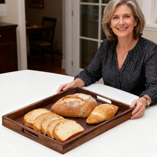 Wooden Serving Tray with Handles, Wood Decorative Trays for Coffee Table Tray, Rectangular Food Trays for Party Platters, Breakfast in Bed, Couch, Ottoman, Dinner, Appetizers, Decor(15.7x11.8x1.6)