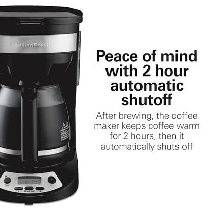 Hamilton Beach 12 Cup Programmable Drip Coffee Maker Machine, Regular & Bold Brew Options, Auto Pause and Pour, Glass Carafe, Black with Stainless Accents (46299J)