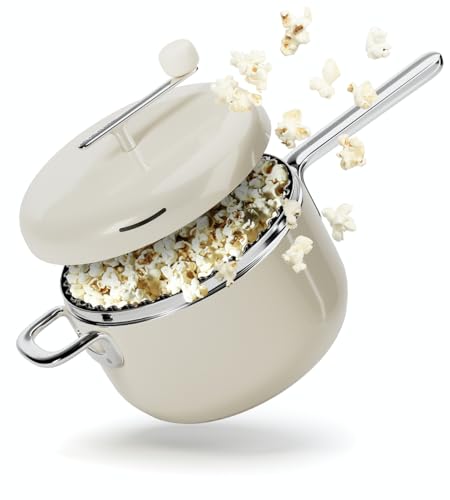 Popsmith Popcorn Popper in Cream - 6 Quart Stovetop Popcorn Machine - Stainless Steel Popcorn Maker Compatible with All Stovetops