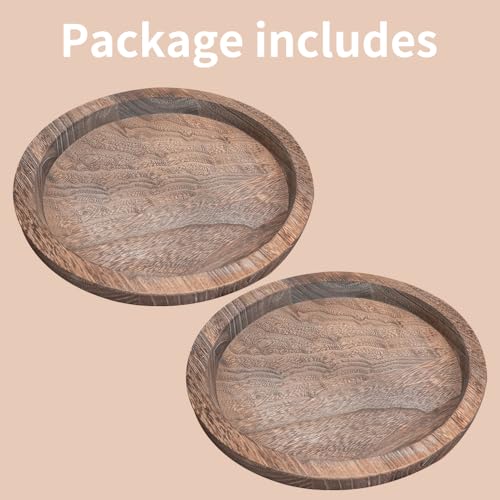 Mulaibdin 2 Pcs Decorative Serving Trays, Wooden Coffee Table Tray Set of 2, Candle Holder Home Decor Round Tray for Farmhouse Kitchen Counter Bathroom Living Room Decor (Brown)