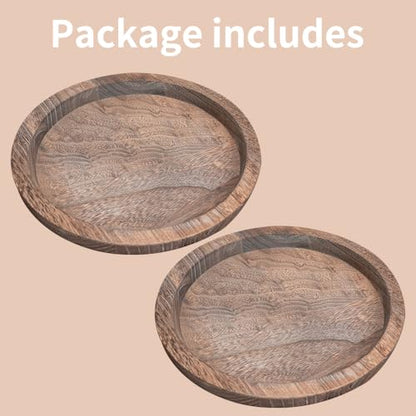 Mulaibdin 2 Pcs Decorative Serving Trays, Wooden Coffee Table Tray Set of 2, Candle Holder Home Decor Round Tray for Farmhouse Kitchen Counter Bathroom Living Room Decor (Brown)