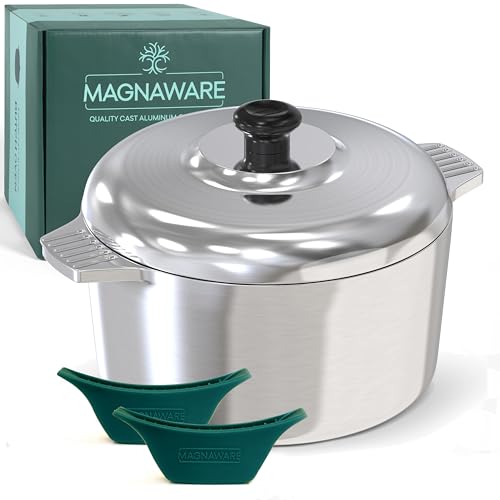 Magnaware Cast Aluminum Dutch Oven with Lid - 5 Quart Lightweight Cookware Pot with Silicone Covers for Easy Handling - Even Heat Distribution & Retention - For Bread Baking, Stew, Simmering & More