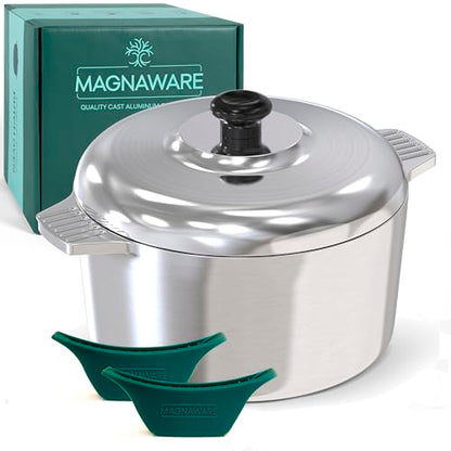 Magnaware Cast Aluminum Dutch Oven with Lid - 5 Quart Lightweight Cookware Pot with Silicone Covers for Easy Handling - Even Heat Distribution & Retention - For Bread Baking, Stew, Simmering & More