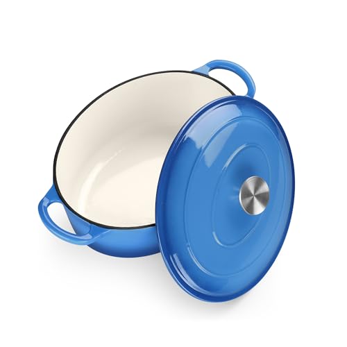 TeamFar Oval Dutch Oven, 5qt Enameled Cast Iron Dutch Oven Pot with Lid, For Bread Baking/Stewing/Braising/Frying, Suitable for Various Stoves, Dual Handles & Easy Cleanup, Blue