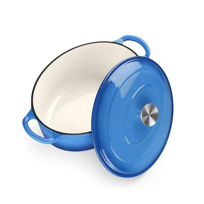 TeamFar Oval Dutch Oven, 5qt Enameled Cast Iron Dutch Oven Pot with Lid, For Bread Baking/Stewing/Braising/Frying, Suitable for Various Stoves, Dual Handles & Easy Cleanup, Blue
