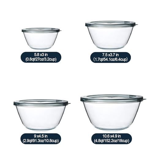 M MCIRCO Glass Mixing Bowls with Lids, 4 Packs Glass Bowl Set, Nesting Bowls for Meal Prep, Food Storage, Bowls For Cooking, Baking, BPA-Free, 0.8/1.7/2.9/4.8 Qt