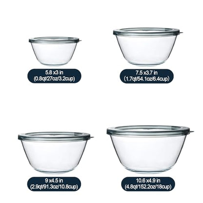 M MCIRCO Glass Mixing Bowls with Lids, 4 Packs Glass Bowl Set, Nesting Bowls for Meal Prep, Food Storage, Bowls For Cooking, Baking, BPA-Free, 0.8/1.7/2.9/4.8 Qt