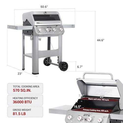 Monument Grills 4-Burner Liquid Propane Gas Grill, Silver Stainless Steel Grill Patio Garden Barbecue Grill with Clearview® Lid and One Foldable Shelf, Mesa400MF with BBQ Cover