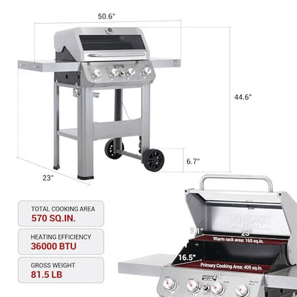 Monument Grills 4-Burner Liquid Propane Gas Grill, Silver Stainless Steel Grill Patio Garden Barbecue Grill with Clearview® Lid and One Foldable Shelf, Mesa400MF with BBQ Cover