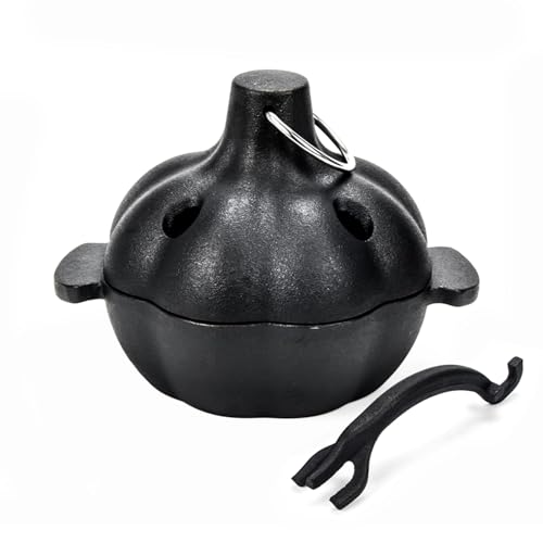 IPROUDER Cast Iron Garlic Roaster with Handle, Smoker Roaster, Garlic Cooker, Garlic Baker, Garlic Roasting Pot, Potato Baker, Mini Cocotte, Used in the Kitchen Oven or Outdoors on a BBQ Grill Stove