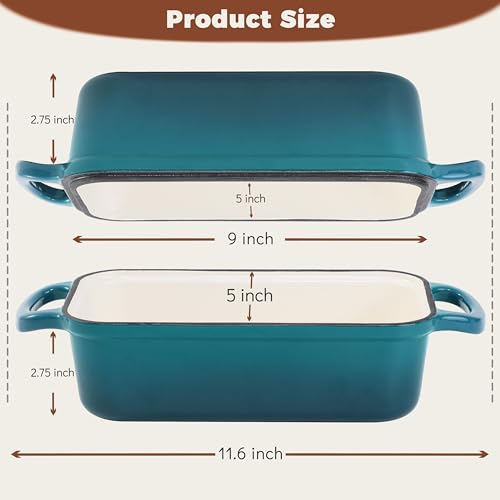 Articasting Cast Iron Loaf Pan With Lid, Enameled Bread Loaf Pan For Homemade Bread Sourdough, 2 In 1 Loaf Pans For Baking Bread 9x5, Even Heating Bread Dutch Oven, Teal